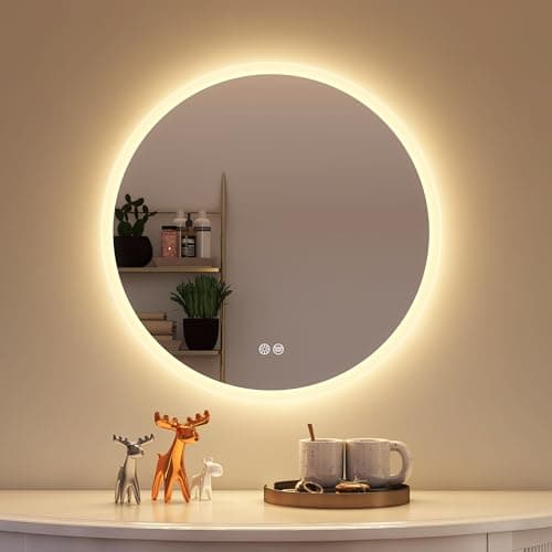 Image of STARLEAD 600 mm Round-Bathroom-Mirror-with-Lights, LED-Bathroom-Mirror with Dimmable, 3 Colour Temperatures, Anti-Fogging, Memory Function, HD Tempered Glass, IP44 LED Mirror