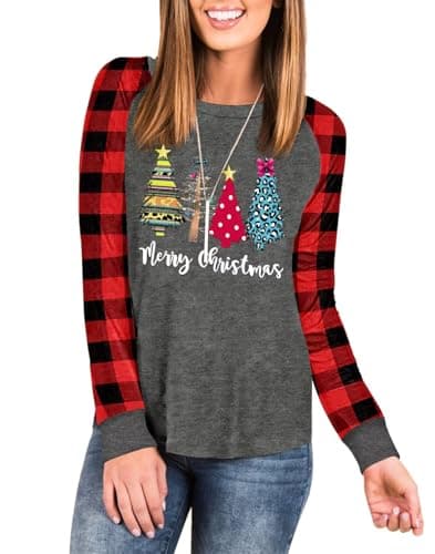 Image of LACOZY Christmas Sweatshirt for Women Casual Christmas Tree Pullover Shirt Long Sleeve Christmas Vacation Party Clothes Top Grey 2XL