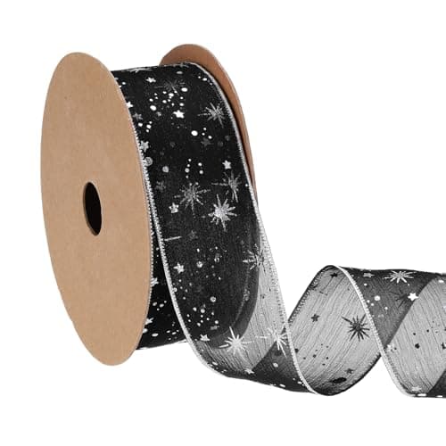 Image of PATIKIL Organza Star Ribbon Wired, 1.6 Inch Wide 20 Yards Christmas Tree Print Sheer Glitter Ribbon for Gift Wrapping Garland Bouquet Ornaments Party Decorations, Black