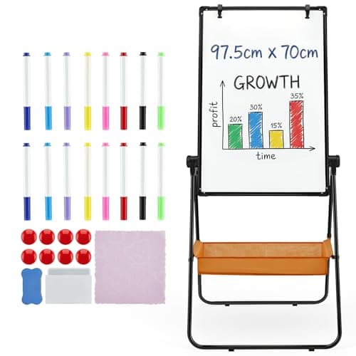 Image of Flip Chart Whiteboard, 97.5x70cm Double-Sided Magnetic Whiteboard Easel, Height Adjustable & 360° Rotating, with 16 Markers, 8 Magnets, Eraser, Storage Box for Office, Classroom