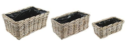 Image of Bliss and Bloom Wicker Planter Indoor/Outdoor SET OF 3 Flower Pot Basket Lined Grey Buff Rattan RECTANGULAR
