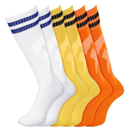 Image of 3 Pairs Kids Football Socks Non Slip Sports Socks Breathable Long Soccer Sock Yellow Orange White for Boys Girls Children Youth Junior(Aged 8-12) Running,Training,Rugby,Hockey Soccer