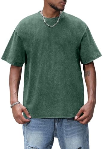 Image of AIYINO Short Sleeve T-Shirt Mens Drop Shoulder Crew Neckline Shirt Washes Vintage Heavy Oversized Look Autumn Tshirt Clothing Lovely Cotton Shirt Casual Baggy Outfit T-Shirts for Men UK Dark Green L