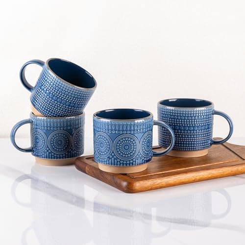Image of GBhome Set of 4 Stackable Ceramic Coffee Mugs 350ml - Textured Modern Cups for Tea/Latte/Cappuccino, Dishwasher & Microwave Safe, Gift for Men/Women