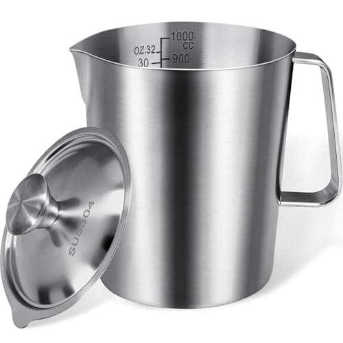 Image of ANVINKU Stainless Steel Jug 1000ml/32oz, Milk Frother Jug with Lid, 304 Stainless Steel Milk Measuring Jug for Coffee Machine with Handle and Scale