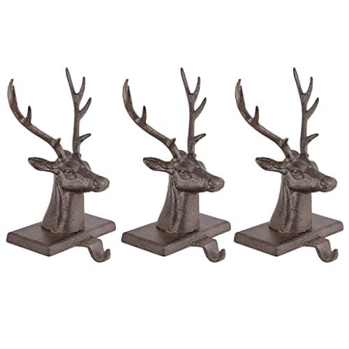Image of Dibor Set of 3 Stocking Holders Cast Iron Reindeer Christmas Stocking Holder Hanging Hooks - 1.5kg Recycled Metal Xmas Stocking Holder