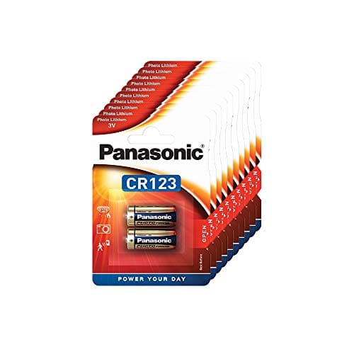 Image of Panasonic CR123 cylindrical lithium battery for high power-consuming lightweight appliances such as smoke alarms, intruder alarm systems, head lamps, cameras, 3V, 10 packs (20 batteries)