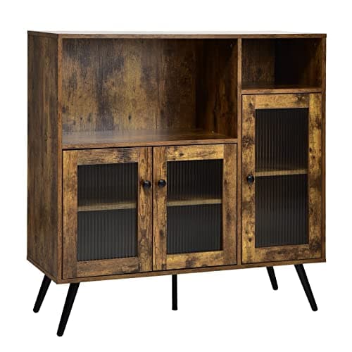 Image of COSTWAY Large Industrial Storage Cabinet, Wooden Kitchen Sideboard with Tempered Glass Door, Adjustable Shelf & 5 Steel Legs, 100x40x100cm Display Cupboard for Living Dining Room (Rustic Brown)