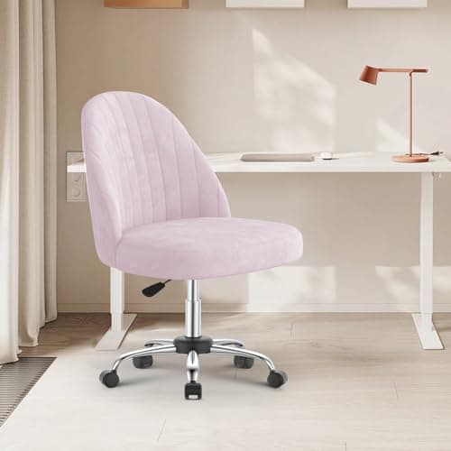 Image of naspaluro Small Swivel Makeup Vanity Chair, Velvet Dressing Table Chairs, Pink Comfy Desk Chairs for Bedroom/Home Office, Armless Cross Legged Office Chairs with Wheels, Spinning Salon Study Stool