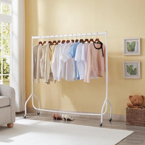 Image of House Of Home 5ft White Heavy Duty Clothes Rail Strong Metal Garment Rack with Wheels Easy to Assemble Collapsible Hanging Rail 95 kg Load Capacity Ideal for Home Retail and Storage