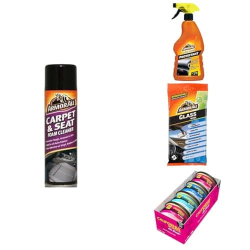 Image of ArmorAll Interior Car Cleaning Kit, Includes 1x Carpet & Seat Foam Cleaner 500 ml, 1x Gloss Finish Protectant 500 ml, 20 Glass Wipes and 4 Assorted Air Fresheners Cans, Ideal for Car Detailing
