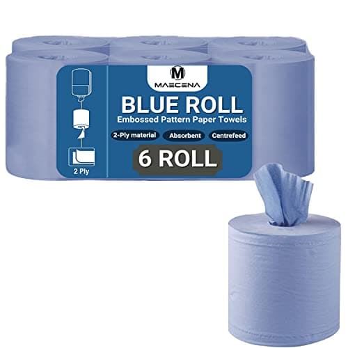 Image of Maecena Centrefeed Blue Rolls - 2 Ply 6 Pack Embossed Pattern Paper Towels - Strong and Absorbent Tissue Paper Roll - UK Supplier Perfect for Commercial and Kitchen Use