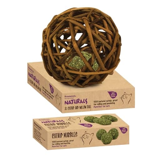 Image of Rosewood Naturals Catnip Bundle for Cats - Includes Natural Catnip Marbles and XL Willow Ball, Promotes Play, Exercise and Healthy Activity for Indoor and Outdoor Cats