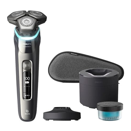 Image of Philips Shaver Series 9000, Wet and Dry Electric, Dark Chrome, with Lift & Cut Shaving System and SkinIQ Technology, Pop-up Trimmer, Cleaning Pod, Charging Stand and Travel Case, Model S9987/55