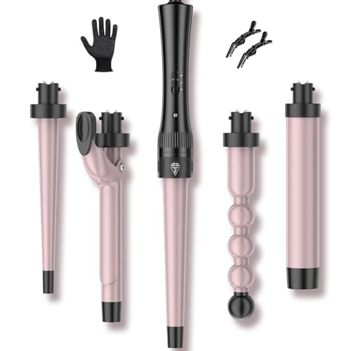 Image of Hair Curling Wand Iron Tongs with Anti-Scald Head, 5 in 1 Hair Curler for Long Hair 10mm-32mm with 2 Crocodile Clips 1 Anti-Scald Silicone Gloves, PTC Ceramic LCD 180°C & 210°C