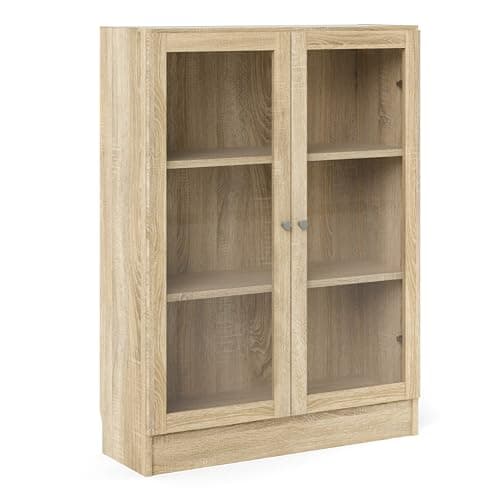 Image of Furniture To Go Basic Low Wide Display Cabinet in Oak (2 Shelves) with 2 Glass Doors in Oak