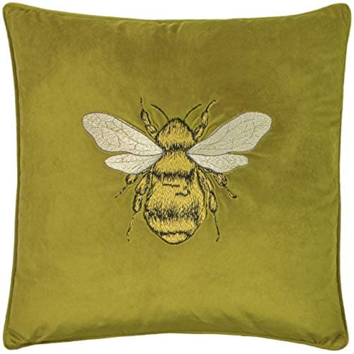Image of Paoletti Hortus Cushion Cover – Bee Embroidered, Luxurious Velvet Accent, Square Cushion Cover (Green Olive – 50x50 cm)