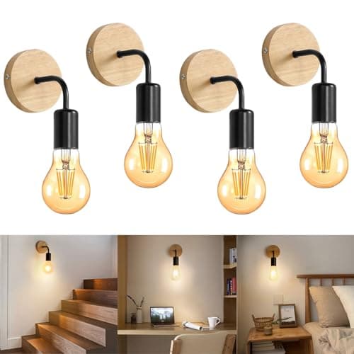 Image of Dorlink Vintage Wall Lights, 4 Packs E27 Wooden Industrial Wall Lights for Living Room, Black Metal Wall Lamp for Bedrooms,Kitchen, Bedside, Dining Room, Hallway, Staircase