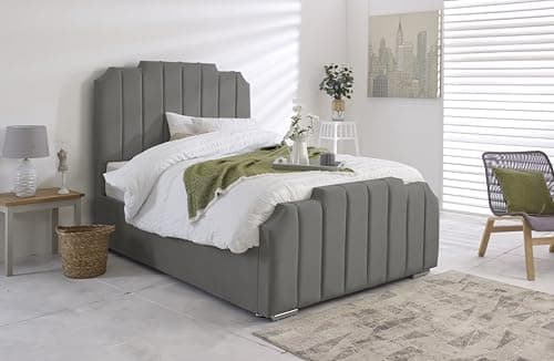 Image of 4FT6 Double Amelia Panel Bed Frame With Mattress And Headboard Upholstered In Plush Velvet Grey Bed Wooden Slats - No Storage (Grey, 4FT6 Double Bed With Mattress)