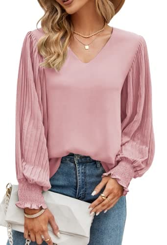 Image of Odosalii Women's Blouses & Shirts Plain Sexy V Neckline Tops Business Casual Long Sleeve Chiffon Work Office Pink Tunic Size 10 12