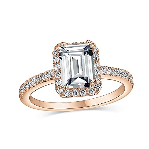 Image of Timeless Classic Elegant Halo AAA CZ Art Deco Style Clear Rectangle Emerald Cut Engagement Ring For Women Cubic Zirconia Pave Thin 1 MM Band .925 Sterling Silver Rose Gold Plated