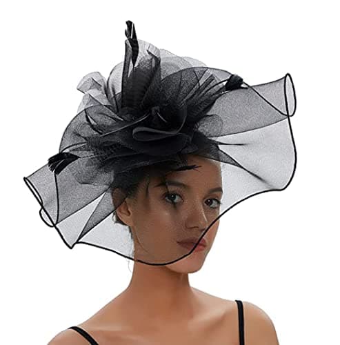 Image of LONTG Women Black Fascinator Headband Pillbox Hat Big Flower Wedding Bridal Headdress Headpieces Race Ascot Hat for Funeral Halloween Burlesque Feather Flapper Hair Accessory Hen Party Prom Evening