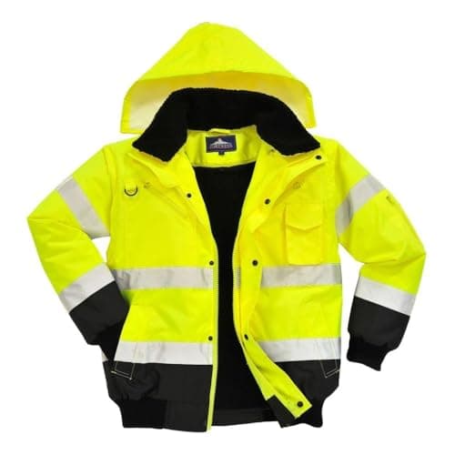 Image of Portwest C465 Hi-Vis 3-in-1 Waterproof Contrast Hooded Bomber Jacket with Pockets - Reflective Outdoor Safety Security Workwear Coat, Yellow/Black, 3XL
