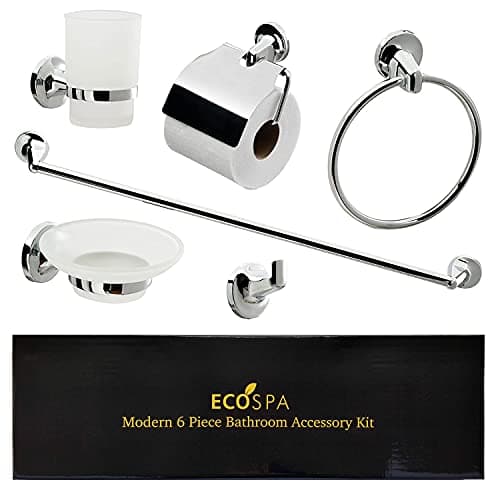 Image of ECOSPA 6 Piece Bathroom Accessory Set - Includes Wall Mounted Chrome Towel Ring and Toilet Roll Holder with Cover Plate, Frosted Glass Soap Dish, Toothbrush Holder & Bath Robe Hook in Chrome