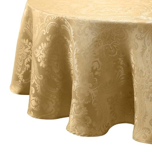 Image of Elrene Damask Tablecloth, Polyester, Gold, 70 Inches Round