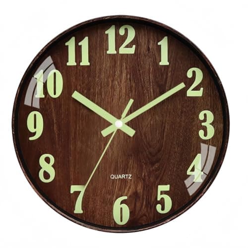 Image of Topkey 12 Inch Luminous Wall Clock Silent Wooden Design Night Lights Round Glass Wall Clock for Living Room and Bedroom (Battery Not Included) - Brown (Dark Brown)