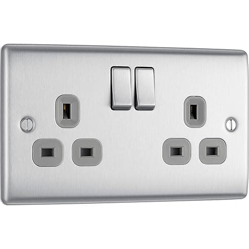 Image of BG Electrical Double Switched Power Plug Wall Socket, Nexus Metal, Brushed Steel, Grey Inserts, 13A, NBS22G