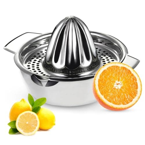 Image of Manual Lemon Juicer 304 Stainless Steel Orange Squeezer, Lime Citrus Fruit Press Heavy Duty Screw Top Lemon Squeezer with Strainer& 350ml Container, 2 Pour Spouts, Ø 13.8 Cm, Dishwasher Safe