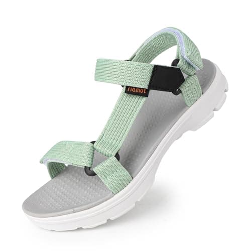 Image of riemot Women's Sports and Outdoor Sandals, Comfortable Summer Sandal with Adjustable Straps, Open-Toe Slip-On Flats, Lightweight Casual Beach Shoes for Walking, Hiking, Trekking, Green, UK 8