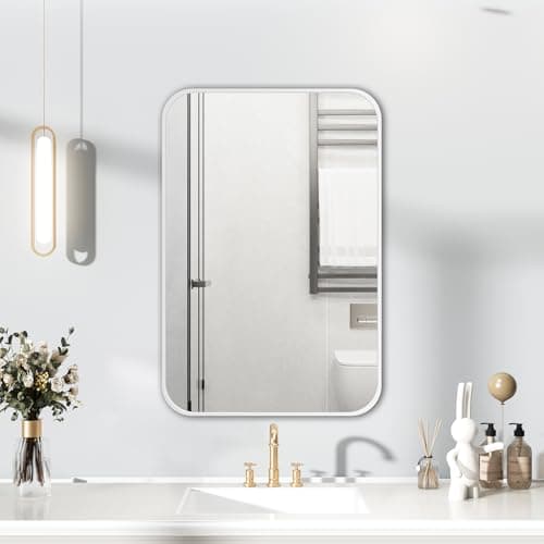 Image of HIGHBATH White Frame Mirror 50 x 70 cm, Large Bathroom Wall Mirror, Rectangular Bathroom Wall Mounted Mirrors Hanging Horizontal/Vertical
