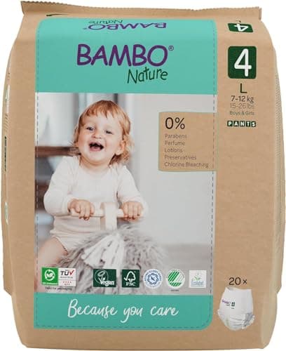 Image of Bambo Nature Premium Training Pants, Size 4 (7-12kg), L, 20PK, Pull Ups, Pull Ups, Eco-Labelled Potty Training Nappy Pants, Secure, Comfortable, Discreet for Active Day and Comfy Night's Sleep