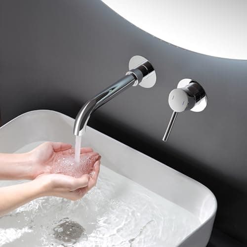 Image of ROVOGO Wall Mounted Basin Mixer Tap for Bath or Tub with Concealed Stainless Steel 304 Body, 2-Hole Bathroom Basin Mixer Tap with 360 Degree Rotatable Spout, Single Lever Bathroom Sink Faucet Chrome