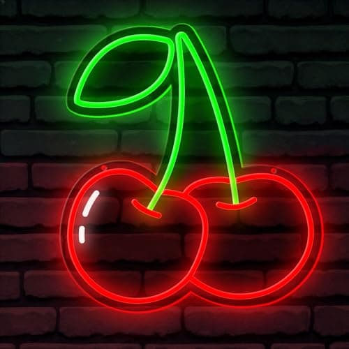 Image of Cherry LED Neon Sign Fruit Decorations Light Up Sign for Bedroom Cherry Neon Light for Kids Room Bar Christmas Party Funny Novelty Decor for Home (5V 12.59 * 13.78Inch)