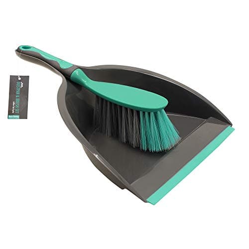 Image of JVL 20-039GY Rubber Grip Dustpan and Bristle Brush Set, Grey/Turquoise
