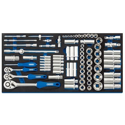 Image of Draper 63540 1/4", 3/8" and 1/2" Socket 84 Piece Set in Full Drawer Eva Insert Tray, Blue
