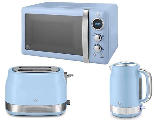 Image of Swan Retro Revive Blue 1.7L 3KW Jug Kettle, 2 Slice Toaster & Retro 800W 20L Microwave. Matching Vintage Design Kitchen Set in Blue with Chrome Accents