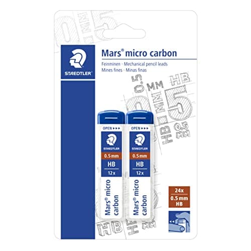 Image of STAEDTLER 2505HBBK2D Mars Micro Refill Leads for Mechanical Pencils - HB, 0.5mm (Blistercard of 2 x Tubes of 12 Leads)