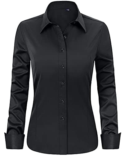 Image of J.VER Black Shirt Womens Dress Fitted Stretch Shirt Long Sleeve Business Casual Work Office Tops Fashion Ladies Blouses Shirts XS