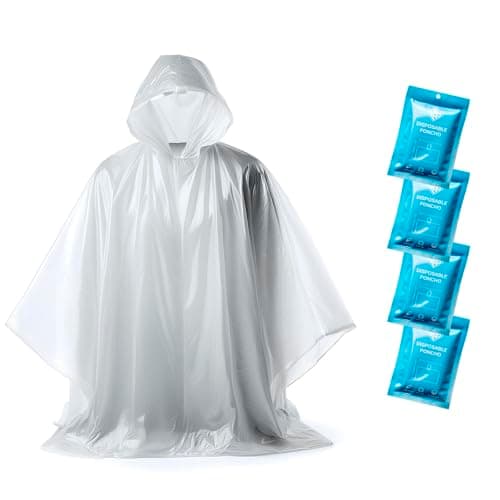 Image of ZENO Rain Poncho Waterproof Adult - Festival Poncho - Waterproof, Disposable, Clear with Hood - Emergency Rain coat for Hiking, Cycling, Camping, Concert - Pack of 4