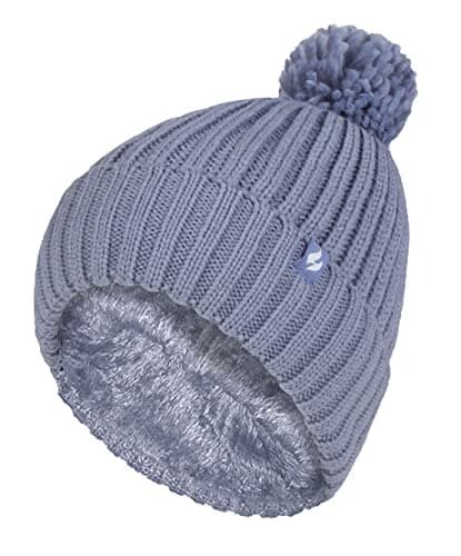 Image of HEAT HOLDERS - Ladies Thick Chunky Ribbed Cuffed Thermal Insulated Winter Pom Pom Bobble Hat (One Size, Dusky Blue)