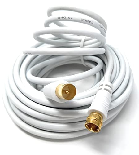 Image of DRUT 10m RF TV Aerial Male to F Type Connector Male Plug Coaxial Coax Cable, Lead, 75 Ohm, 3C-2V 33ft White Gold Connectors