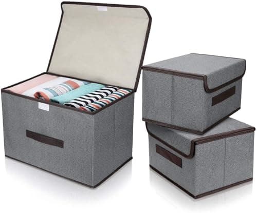 Image of DIMJ 3Pack Fabric Storage Boxes with Lids – Multiple Size Organiser Boxes for Clothes, Bedding, Toys, Collapsible Storage Cubes with Handle, Magic Seal, Cardboard Base, 38× 24×24/27×19×15 cm, Grey
