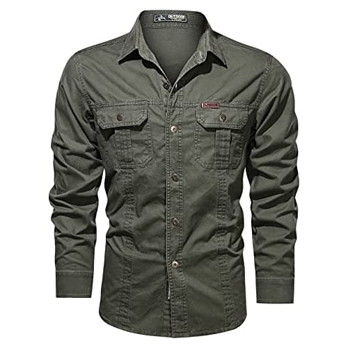 Image of Men's Utility Shirt Long Sleeve with Multiple Pockets, Cotton Casual Outdoor Cargo Shirt for Weekend Adventures, Hiking and Camping in Relaxed Fit(Green, XL)