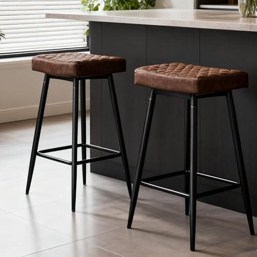 Image of ZOONFA Set of 2 Faux Leather Bar Stools Bar Chairs Metal Legs Barstools with Footrest Breakfast Kitchen Counter Stools PU Brown