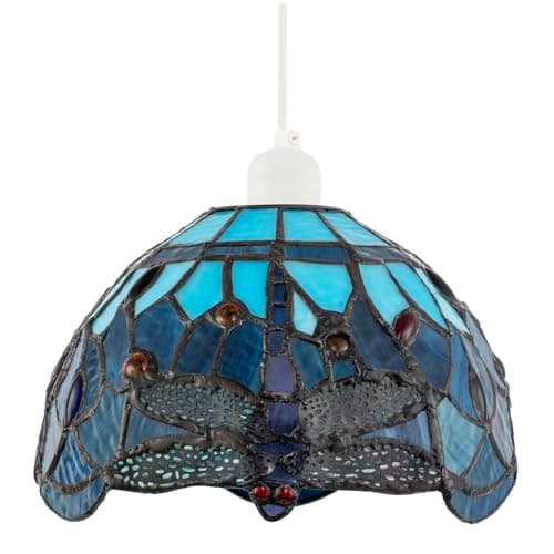 Image of Traditional Midnight and Sky Blue Stained Glass Dragonfly Tiffany Pendant Lighting Shade | 20cm x 14cm | 40w Maximum by Happy Homewares