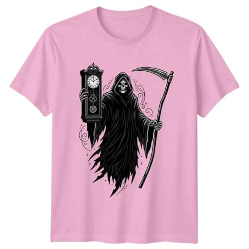 Image of Sassy Souls Grim Reaper Skeleton Holding Clock and Scythe T-Shirt Memento Mori Gothic Art Horror Niche Halloween Birthday for Him and Her S Light Pink